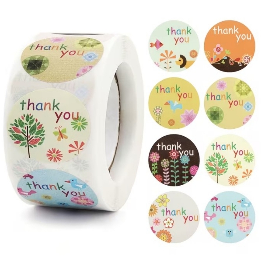 500 Thank You Floral Round Sticker Labels - Multicolor